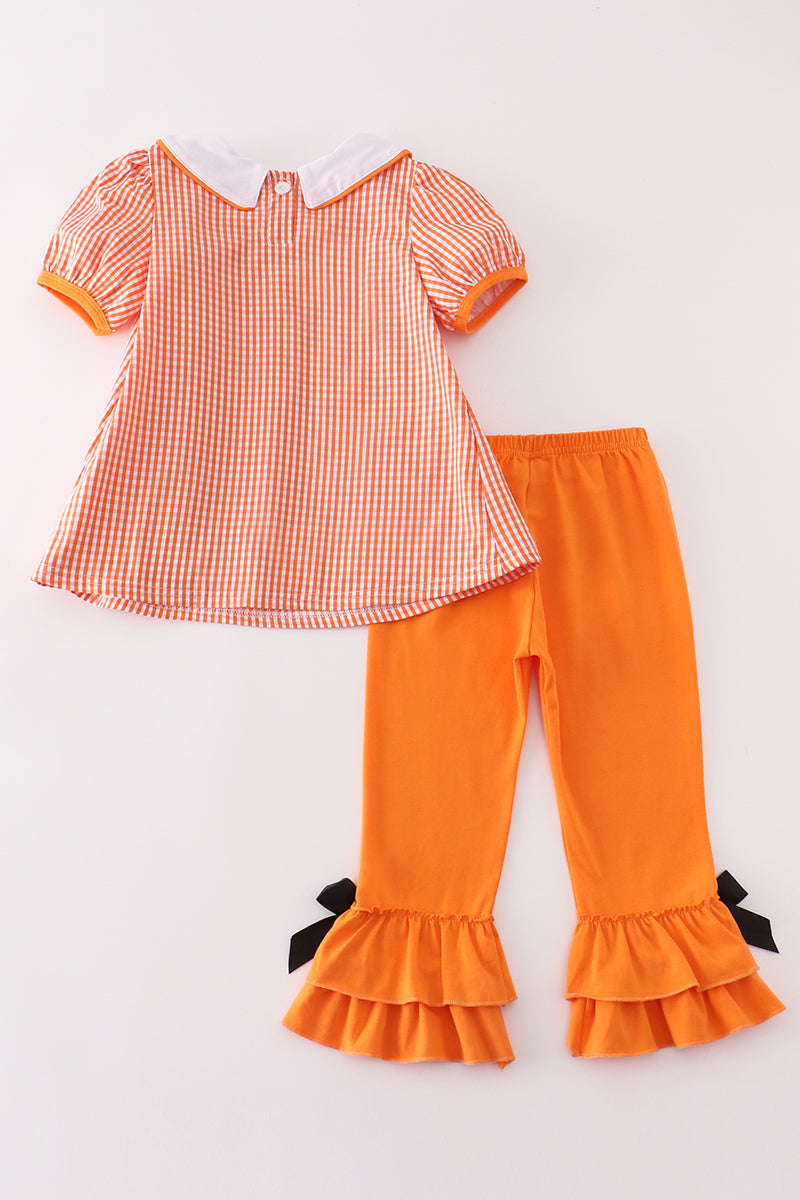 Orange Plaid Halloween Embroidery Girl Set