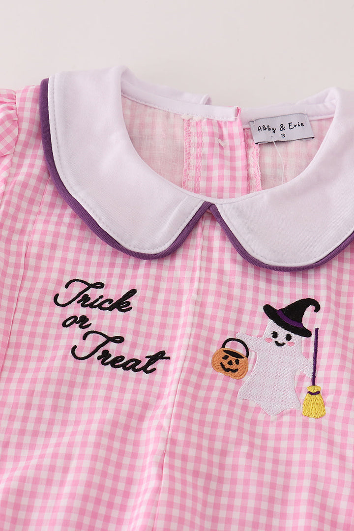 Pink Plaid Halloween Embroidery Girl Set