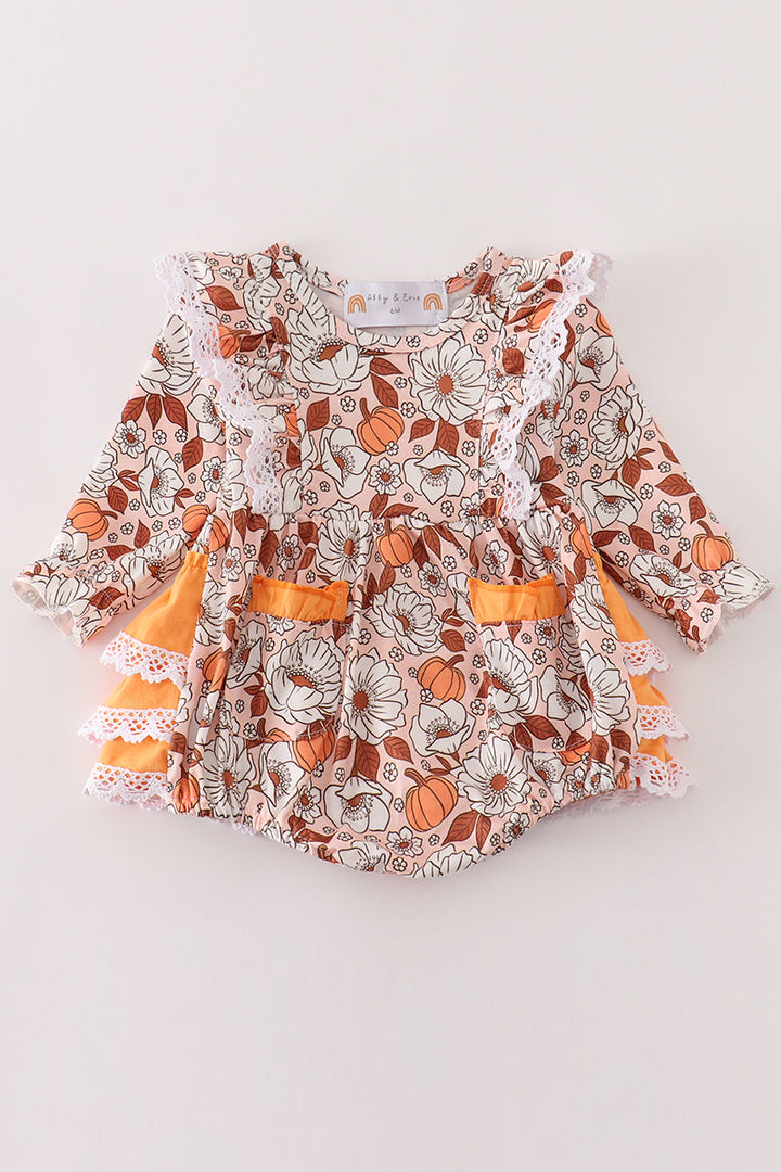 Pumpkin Floral Print Lace Ruffle Bubble