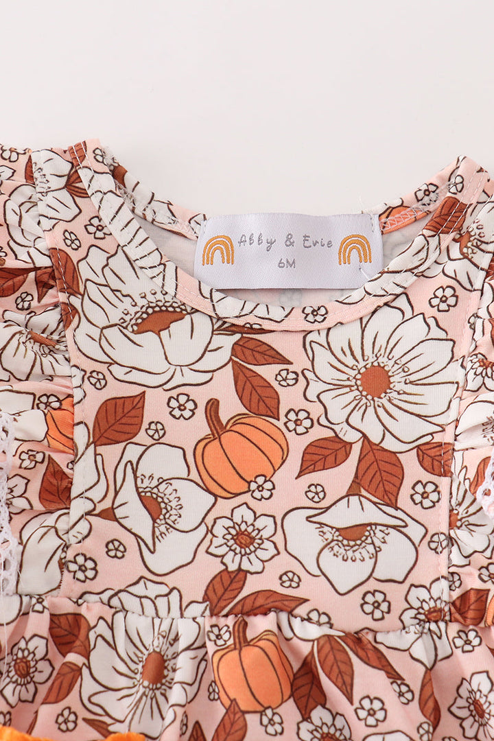 Pumpkin Floral Print Lace Ruffle Bubble