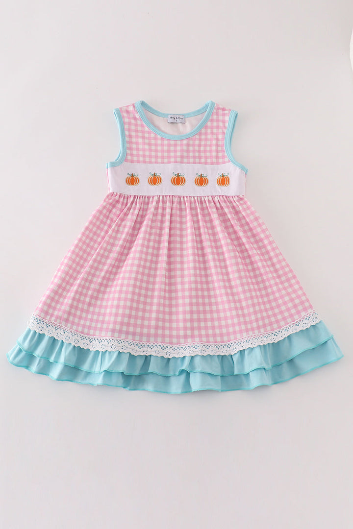 Pink Plaid Pumpkin Embroidery Ruffle Dress