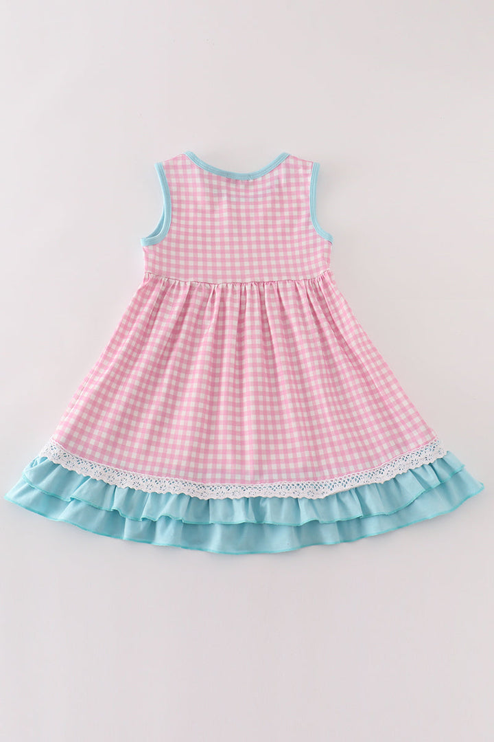 Pink Plaid Pumpkin Embroidery Ruffle Dress