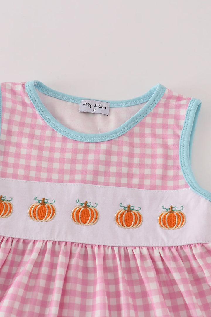 Pink Plaid Pumpkin Embroidery Ruffle Dress