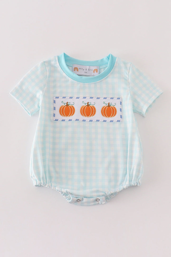 Blue Plaid Pumpkin Embroidery Boy Bubble