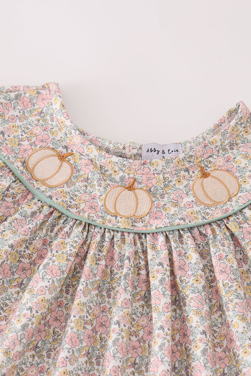 Pink Floral Print Pumpkin Embroidery Girl Ruffle Set