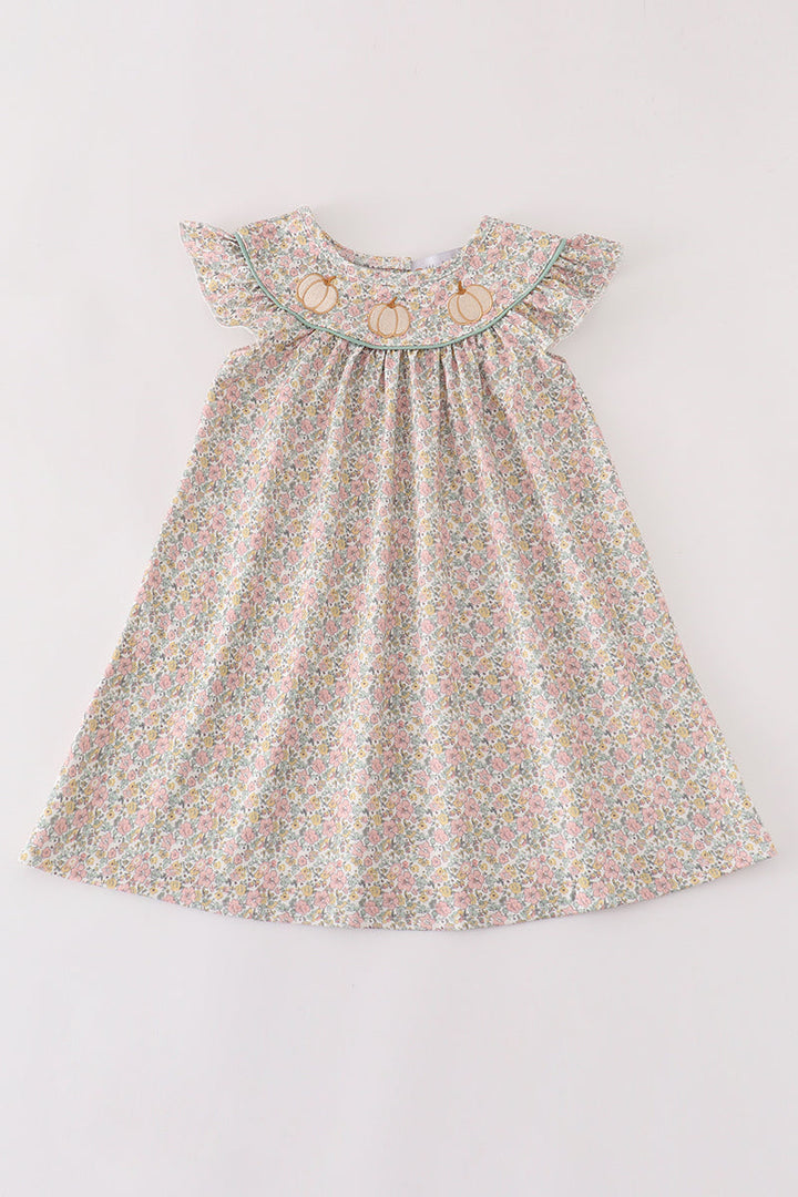 Pink Floral Print Pumpkin Embroidery Girl Dress