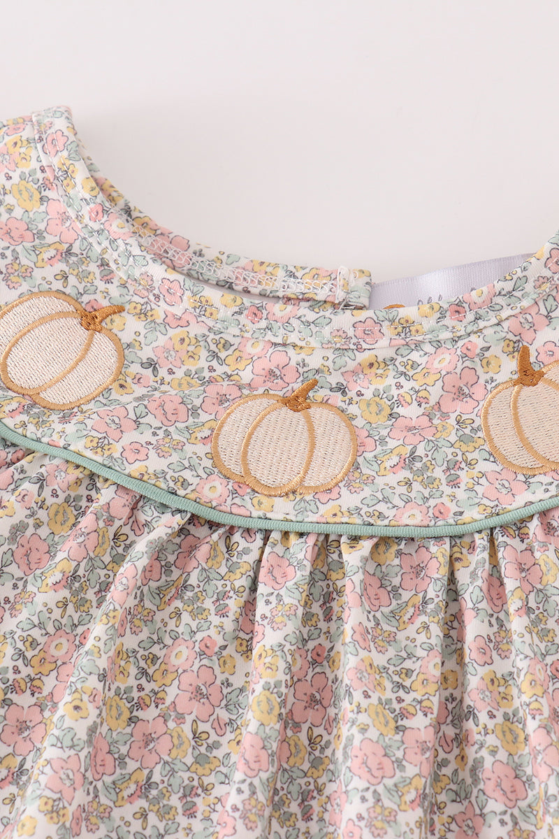 Pink Floral Print Pumpkin Embroidery Girl Dress