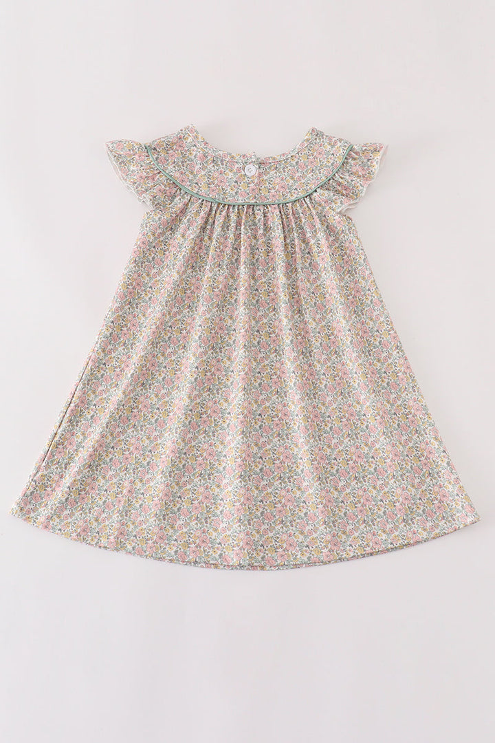 Pink Floral Print Pumpkin Embroidery Girl Dress