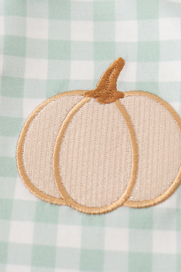 Green Gingham Pumpkin Embroidery Boy Romper