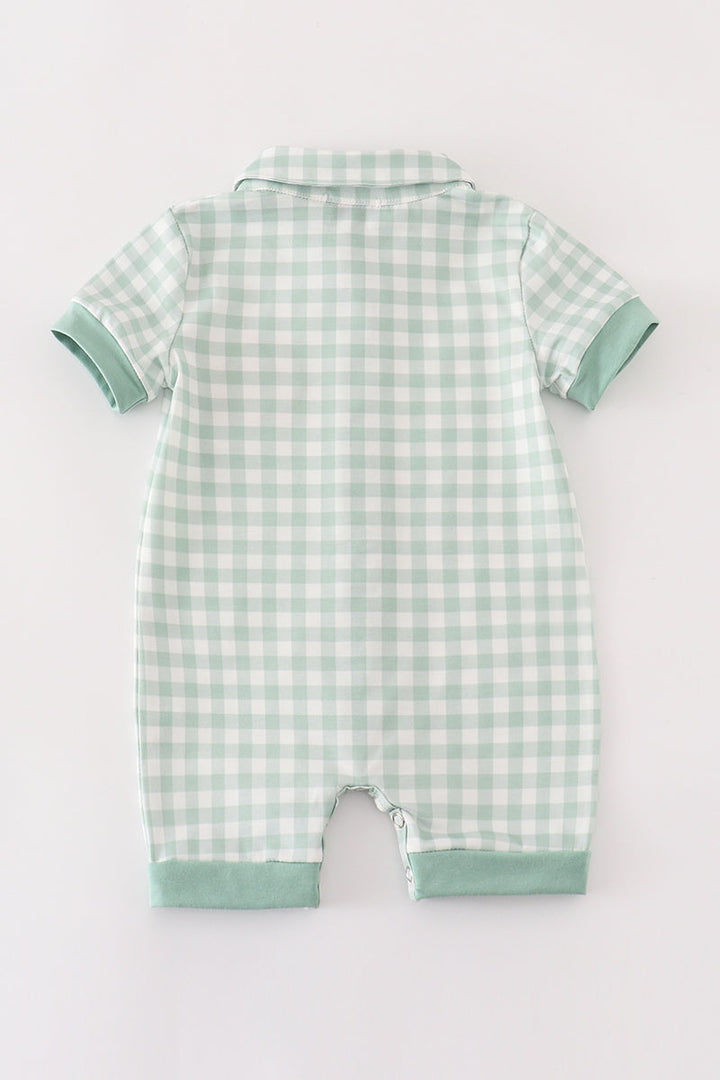 Green Gingham Pumpkin Embroidery Boy Romper