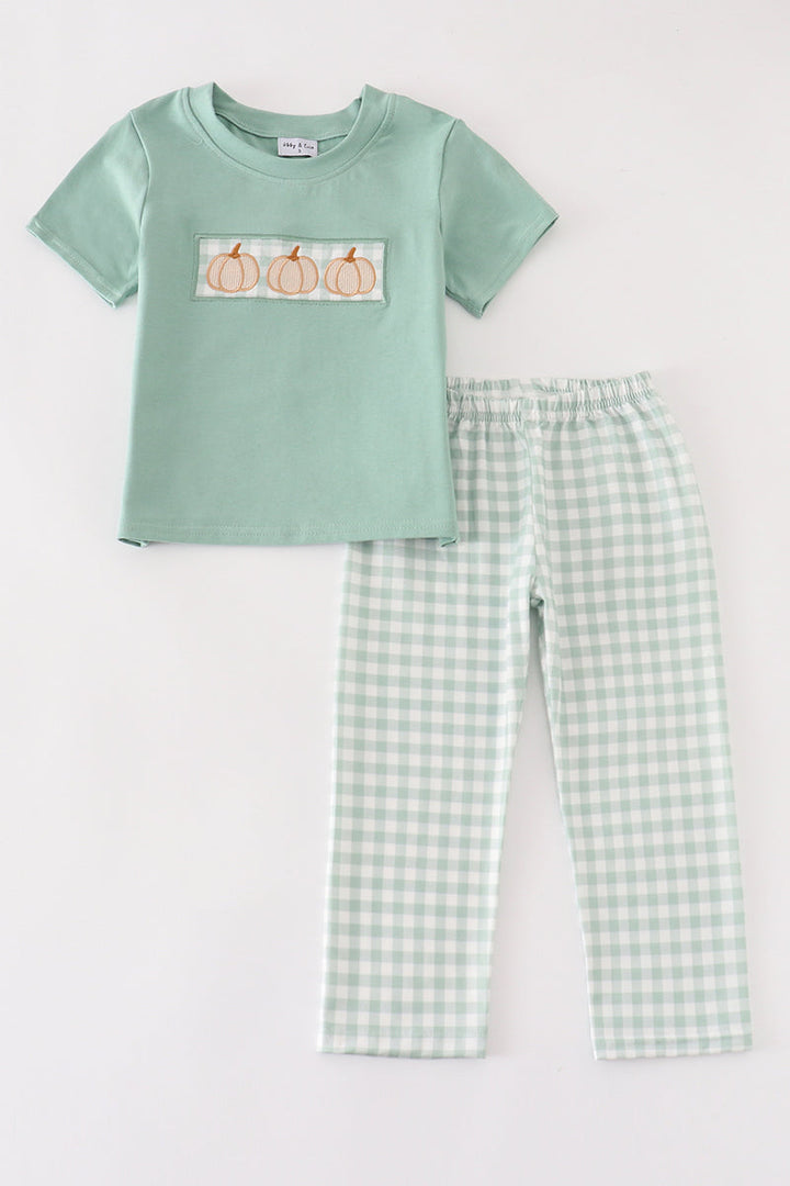 Green Gingham Pumpkin Embroidery Boy Set