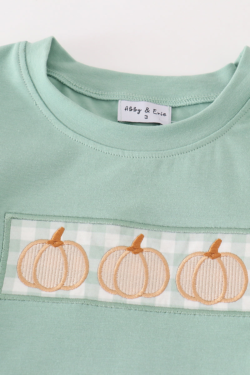 Green Gingham Pumpkin Embroidery Boy Set