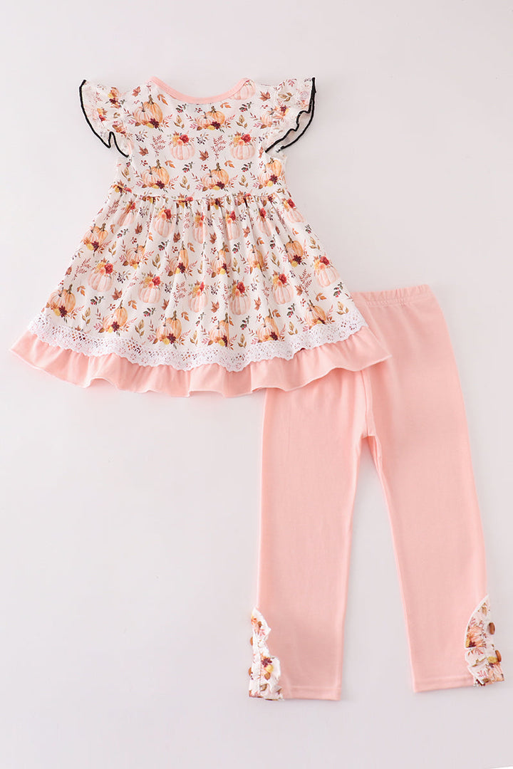 Coral Pumpkin Print Girl Set