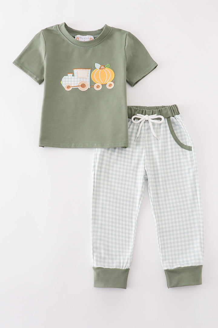 Green Train Pumpkin Applique Boy Set