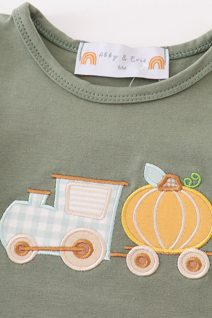 Green Train Pumpkin Applique Girl Bubble