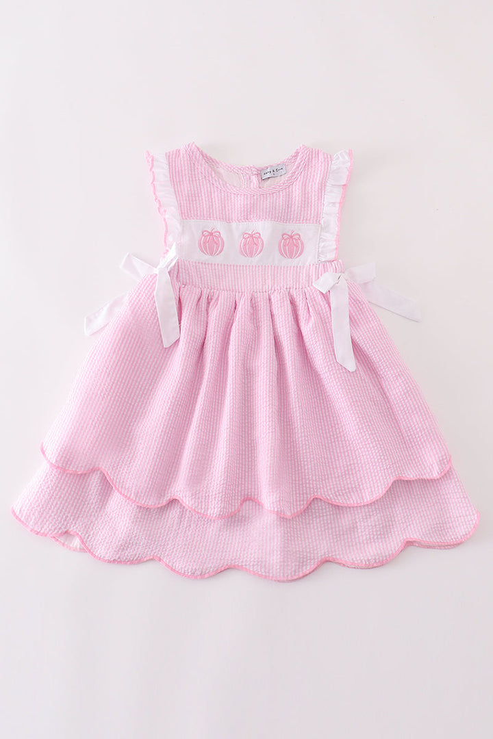 Pink Pumpkin Embroidery Seersucker Ruffle Dress