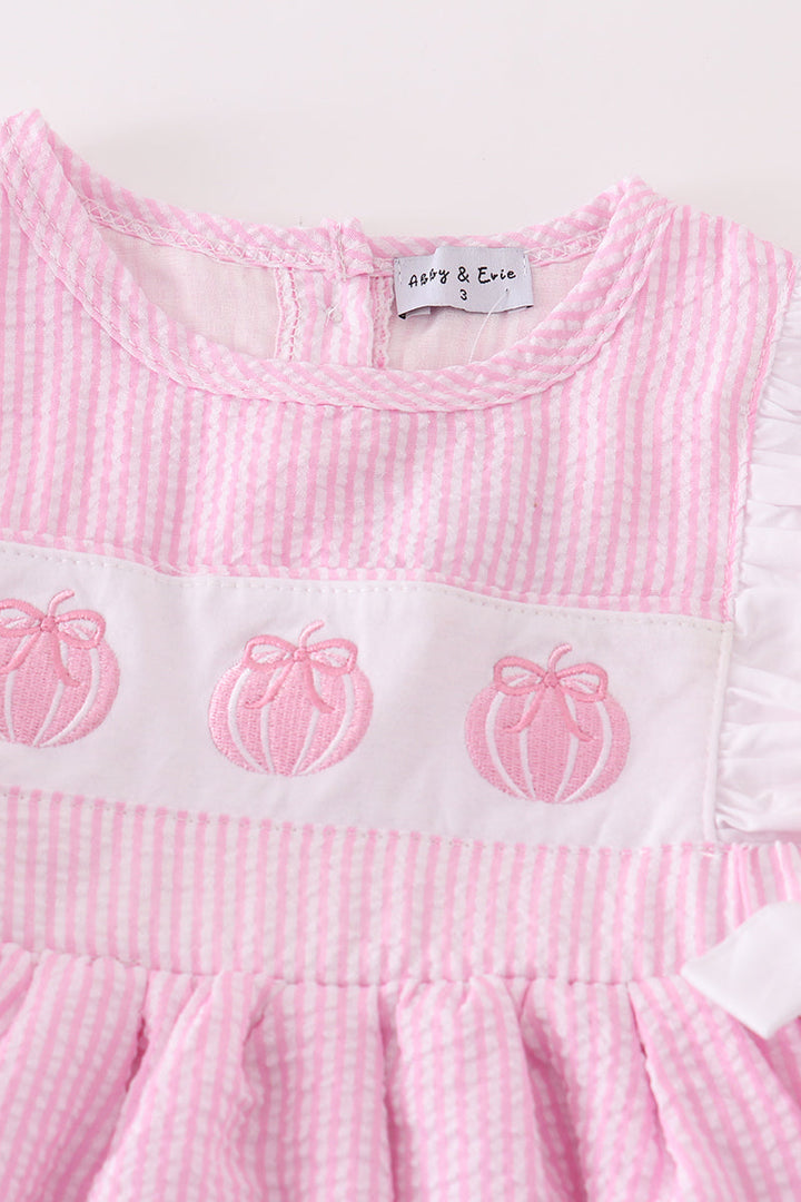 Pink Pumpkin Embroidery Seersucker Ruffle Dress