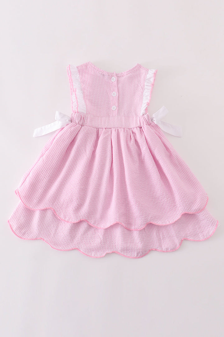 Pink Pumpkin Embroidery Seersucker Ruffle Dress