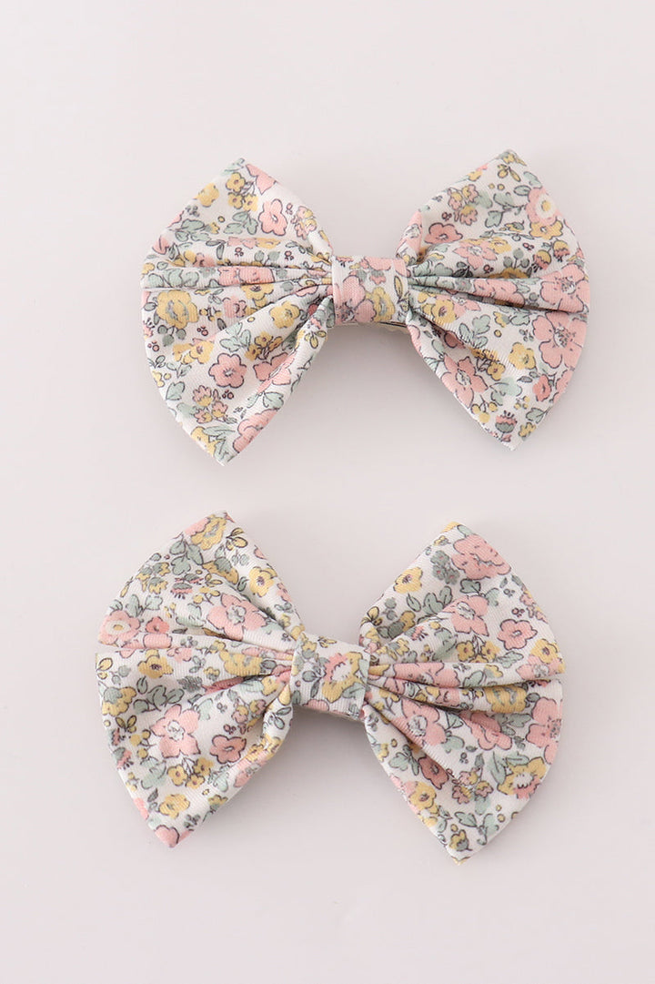 Pink Floral Print Piggie Hair Bow