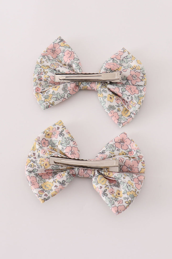 Pink Floral Print Piggie Hair Bow