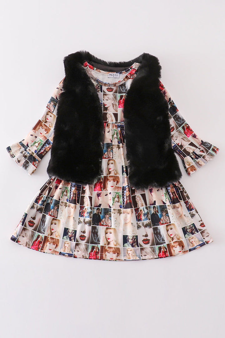 Fur Vest Music Fan Print Dress Set