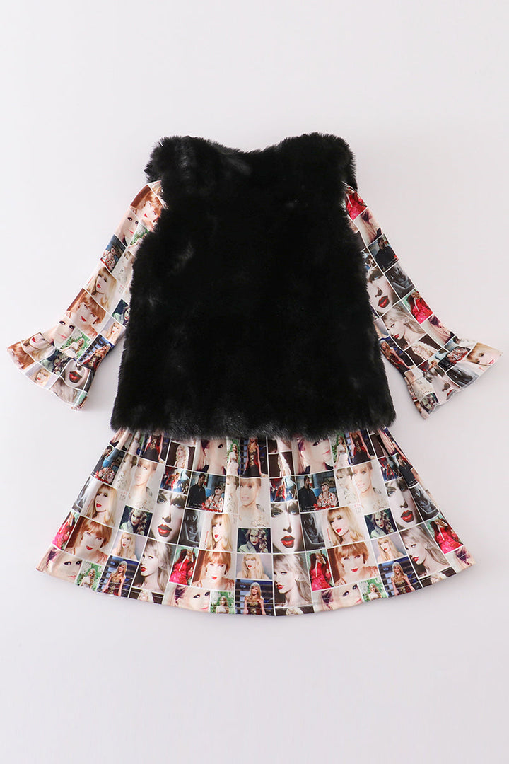 Fur Vest Music Fan Print Dress Set