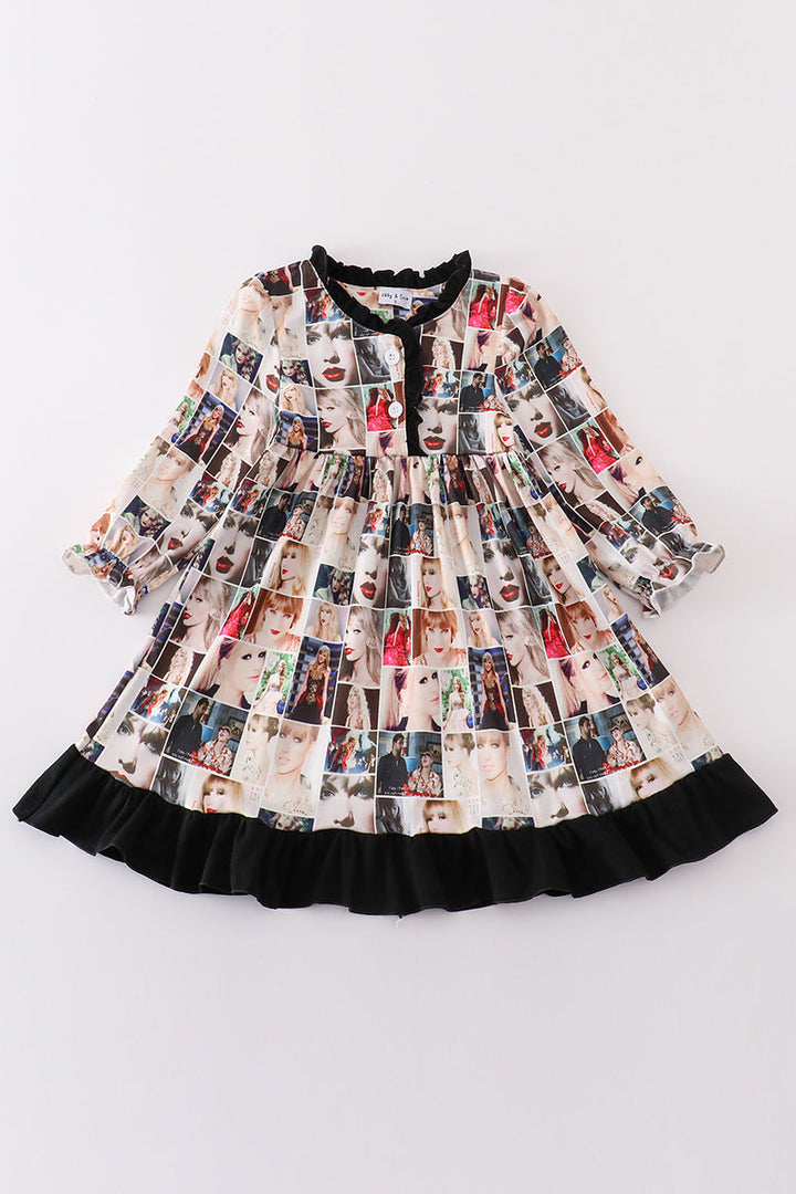 Black Music Fan Print Girl Gown