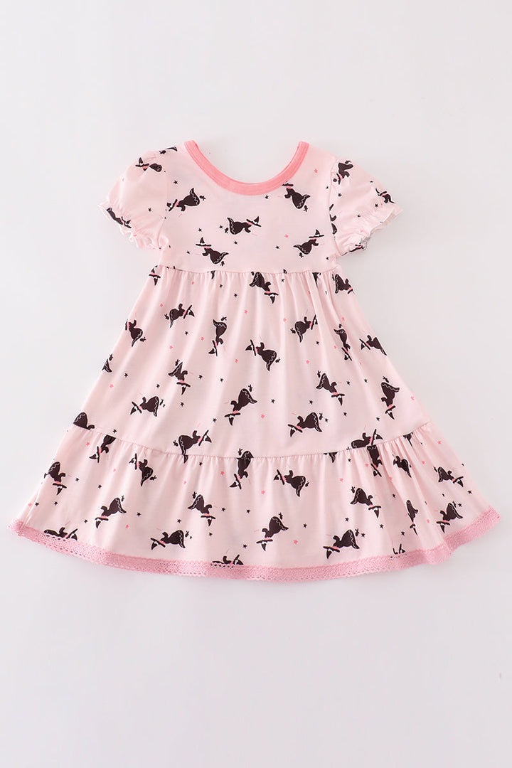 Pink Bat Print Tiered Dress