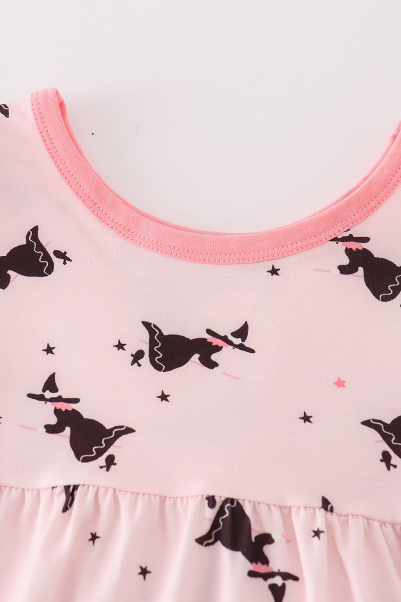 Pink Bat Print Tiered Dress