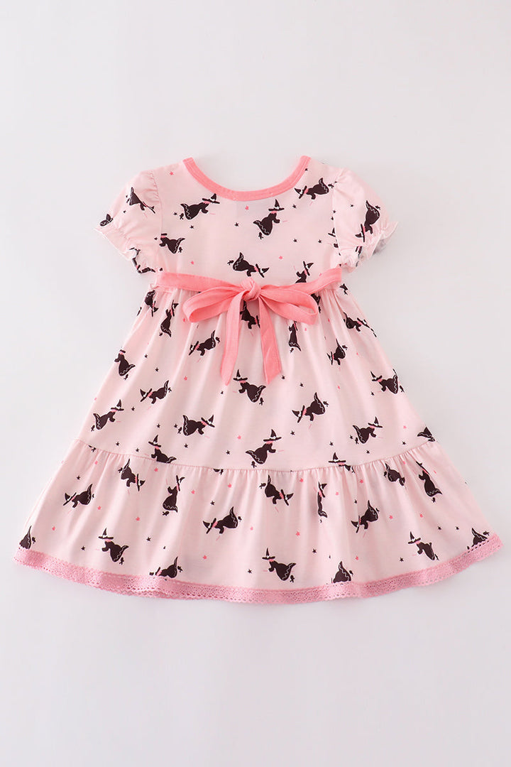 Pink Bat Print Tiered Dress