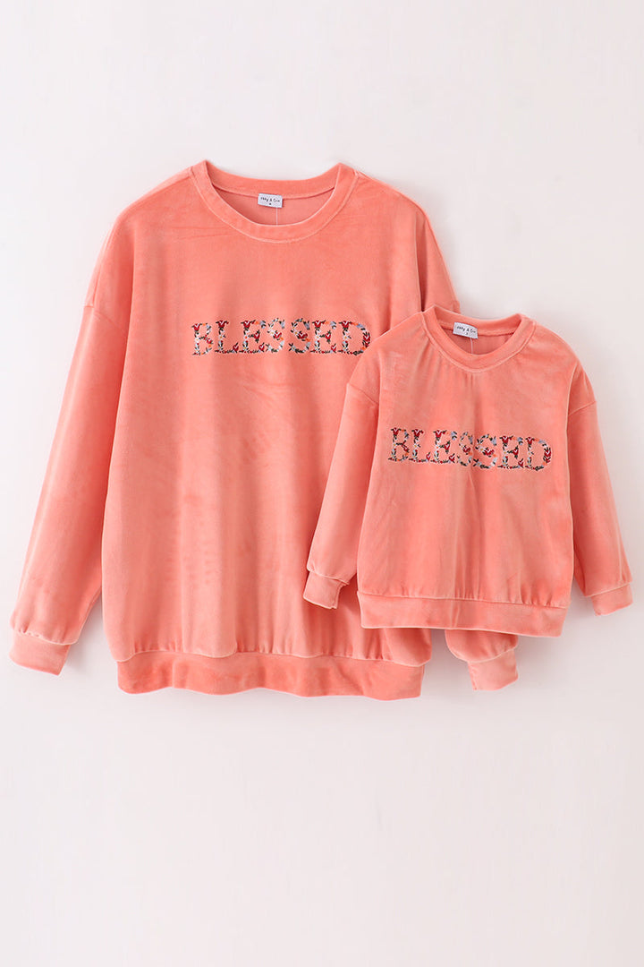 Pink Velvet Blessed Embroidery Mom&me Sweatshirt