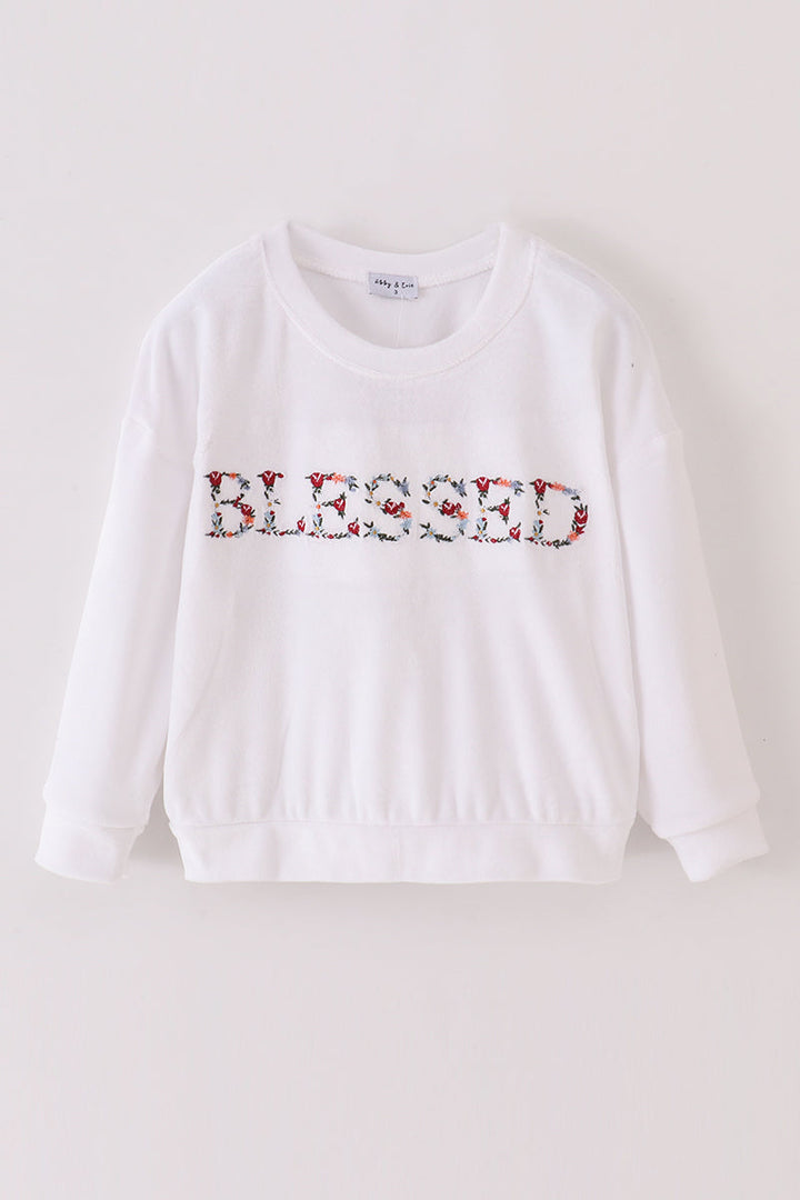 White Velvet Blessed Embroidery Mom&me Sweatshirt