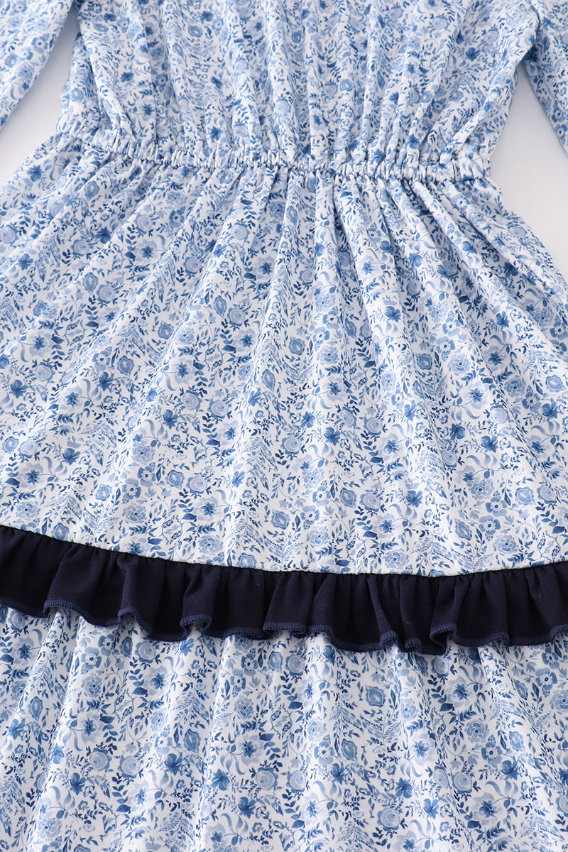 Blue Floral Print Tiered Mom Ruffle Dress