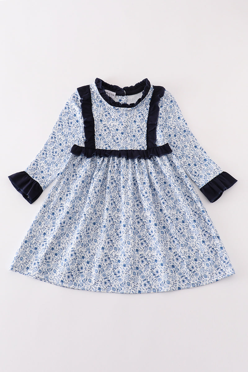 Blue Floral Print Ruffle Girl Dress