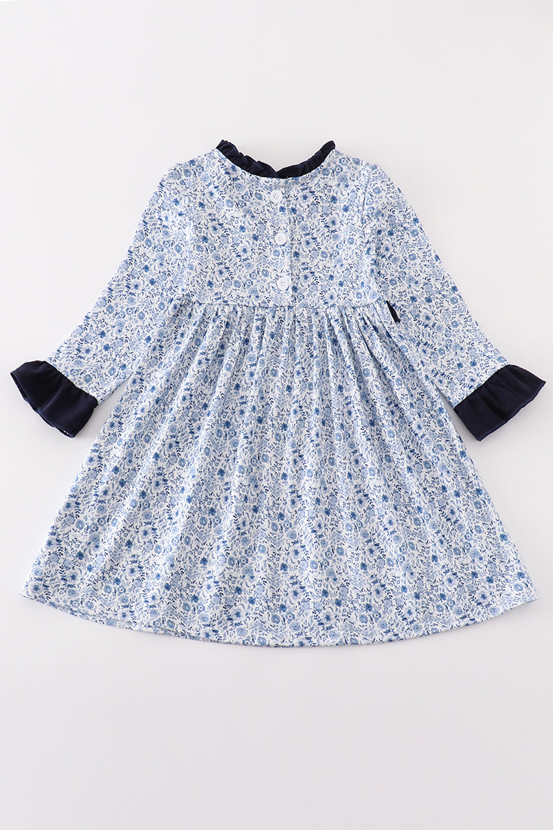 Blue Floral Print Ruffle Girl Dress