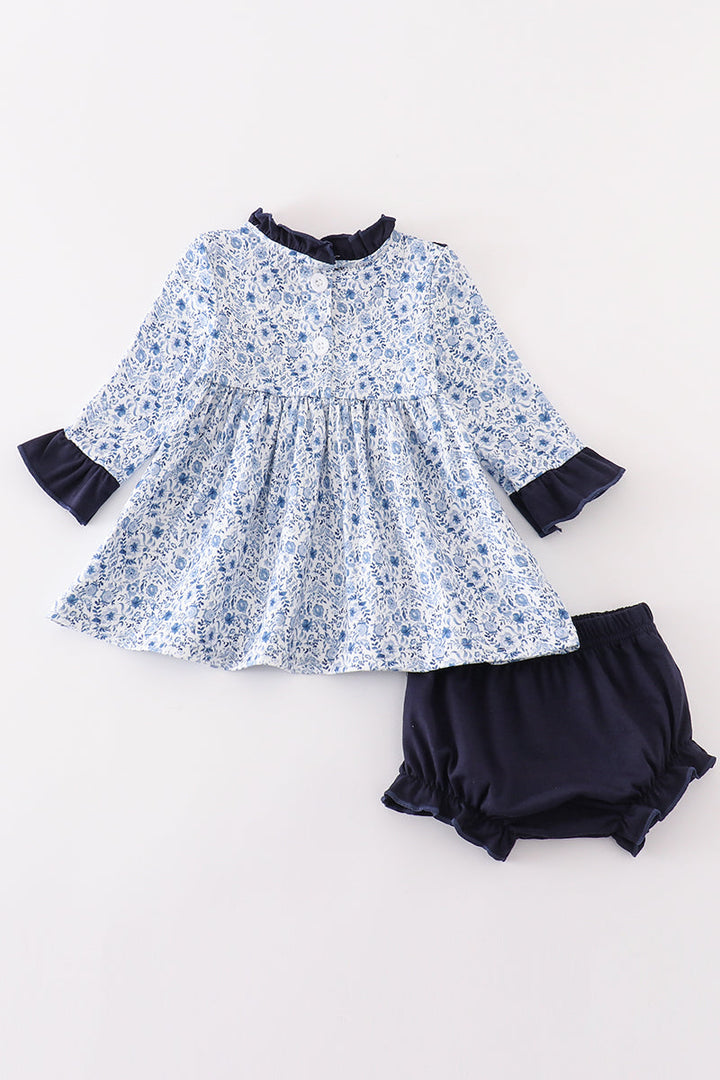 Blue Floral Print Baby Girl Set