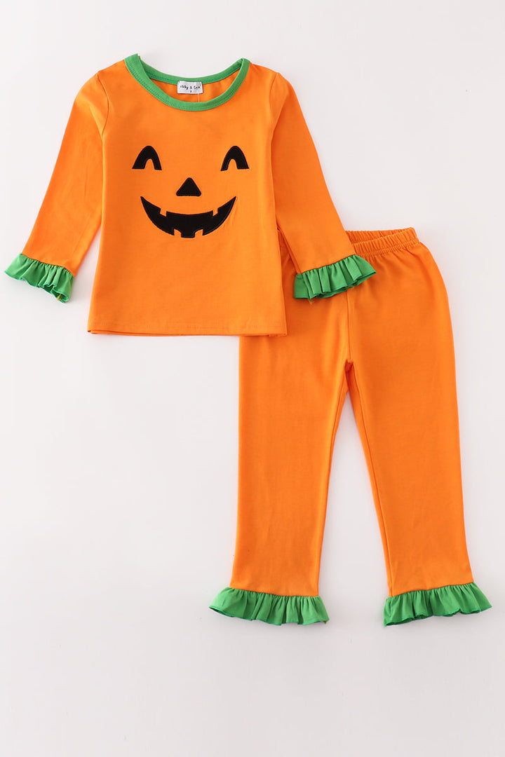 Orange Halloween Embroidery Girl Pajamas Set