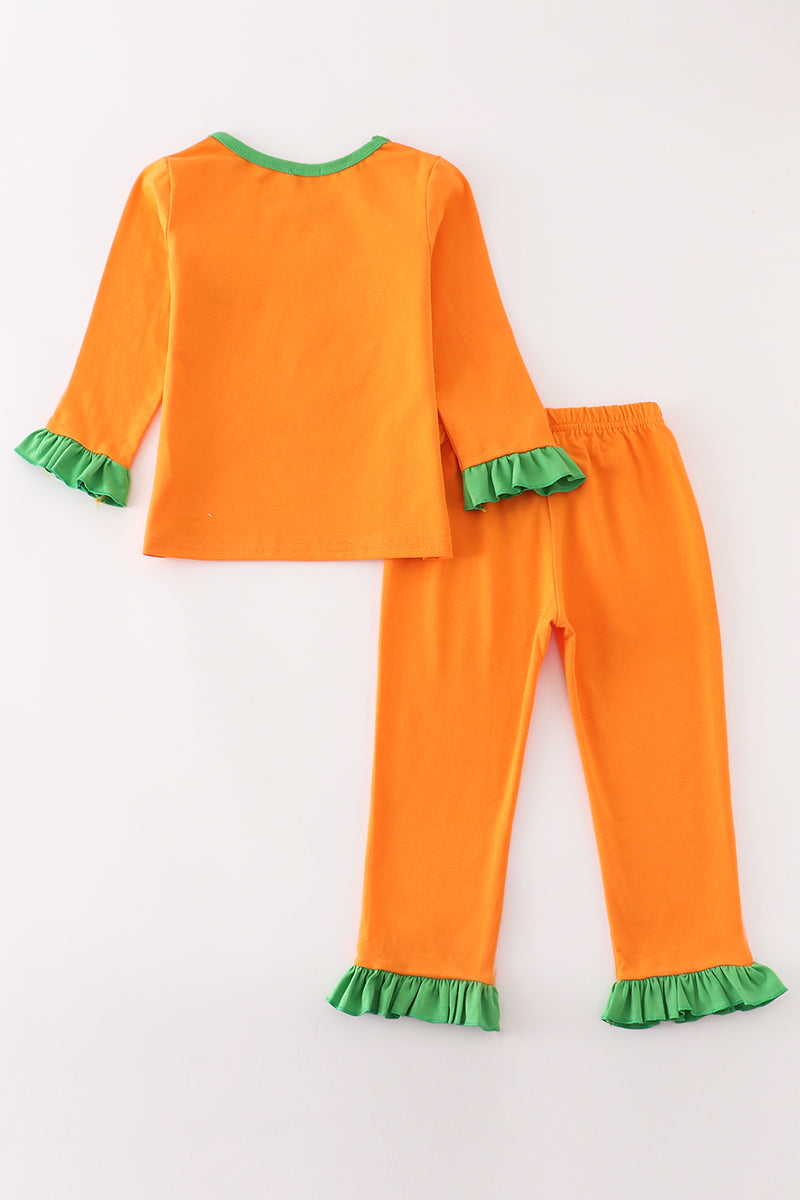 Orange Halloween Embroidery Girl Pajamas Set