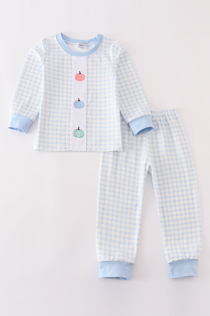 Blue Pumpkin Embroidery Plaid Boy Set