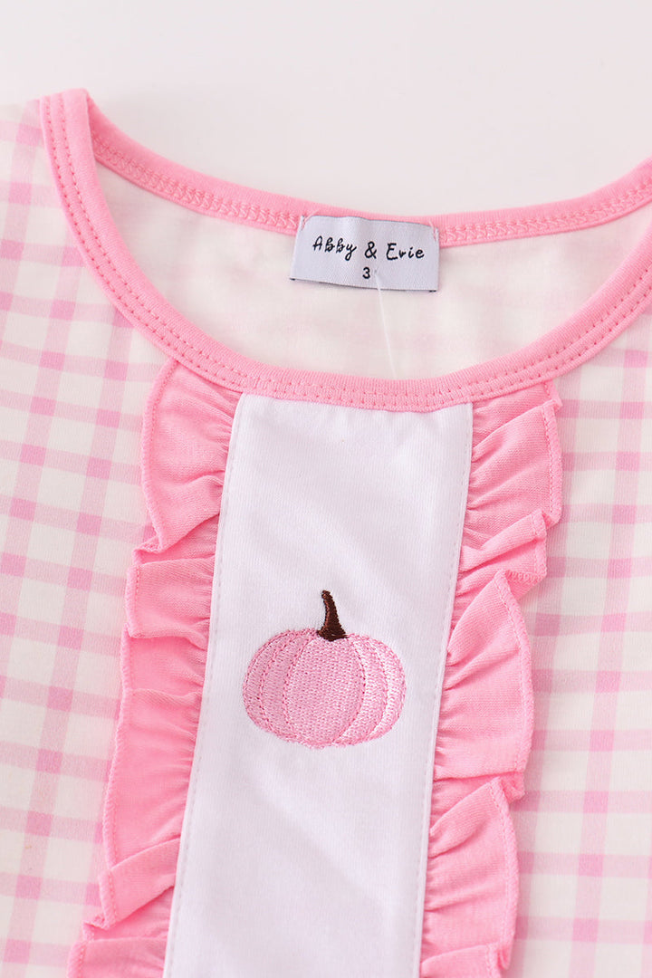 Pink Pumpkin Embroidery Plaid Girl Set