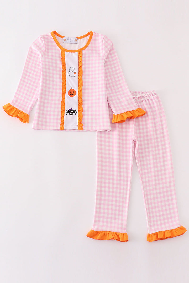 Pink Halloween Ghost Pumpkin Embroidery Girl Set