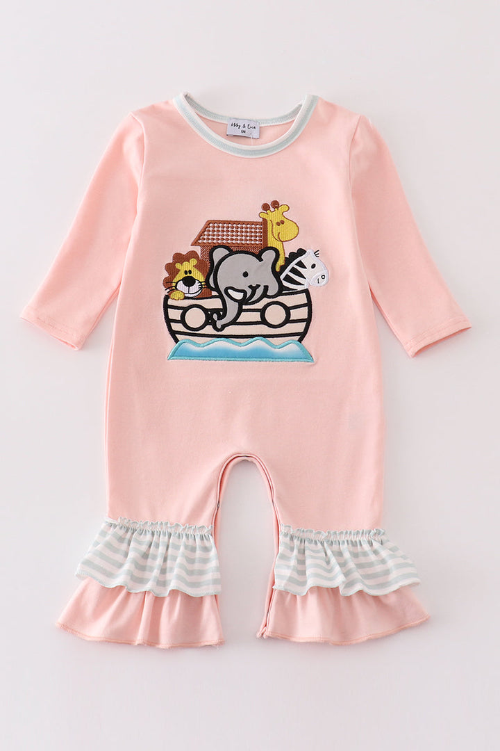 Pink Noah's Ark Embroidery Stripe Girl Romper