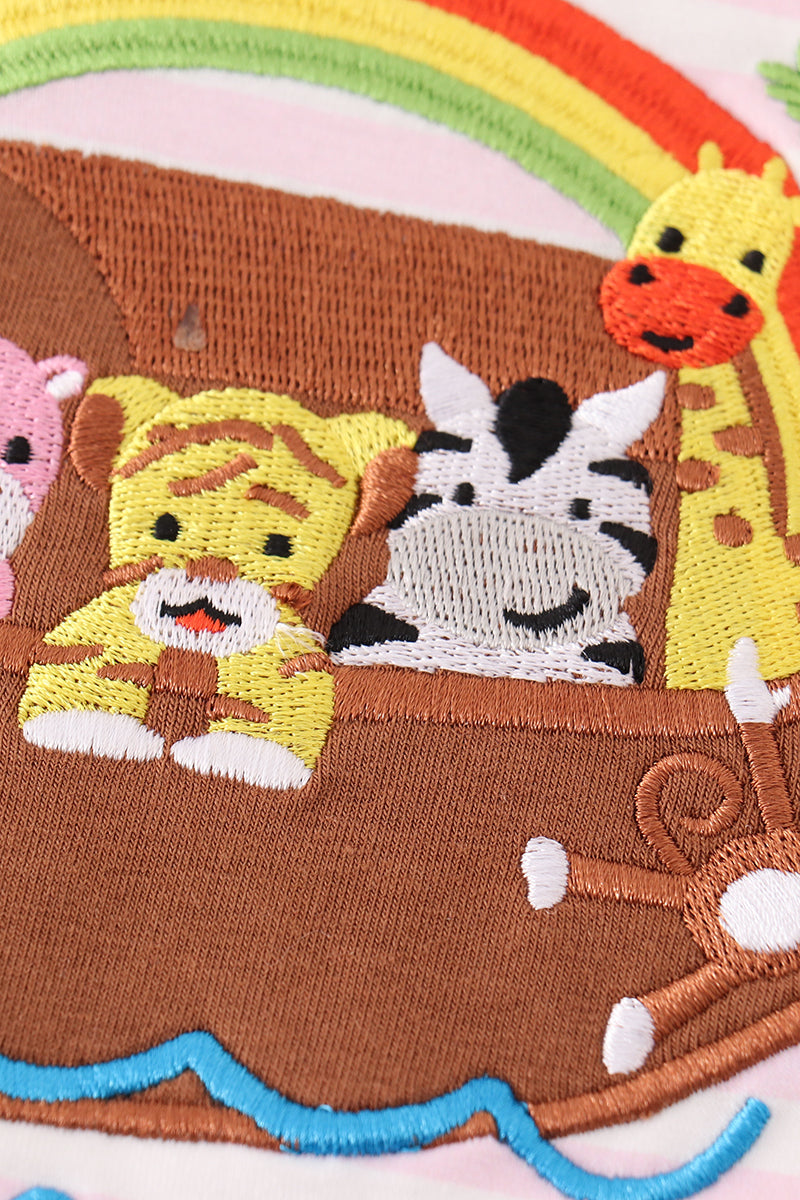 Pink Stripe Noah's Ark Animal Applique Girl Set