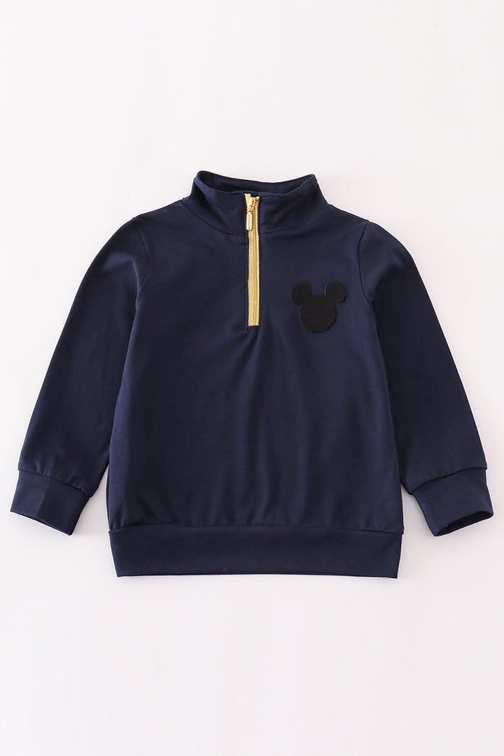 Navy Character Embroidery Zip Boy Pullover