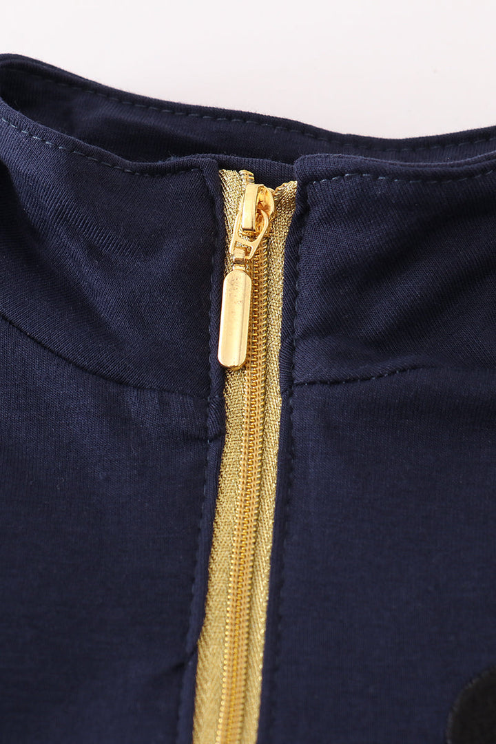 Navy Character Embroidery Zip Boy Pullover