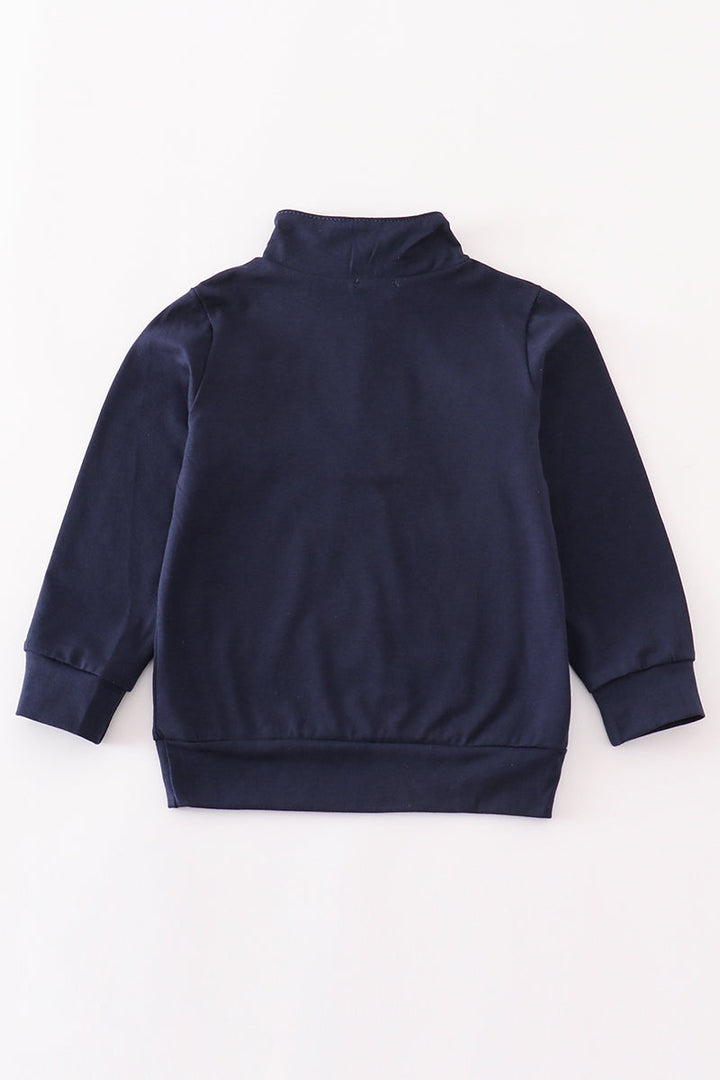 Navy Character Embroidery Zip Boy Pullover