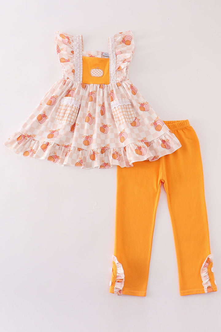 Orange Pumpkin Applique Girl Pants Set