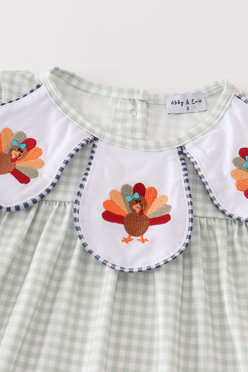 Sage Turkey Embroidery Gingham Dress