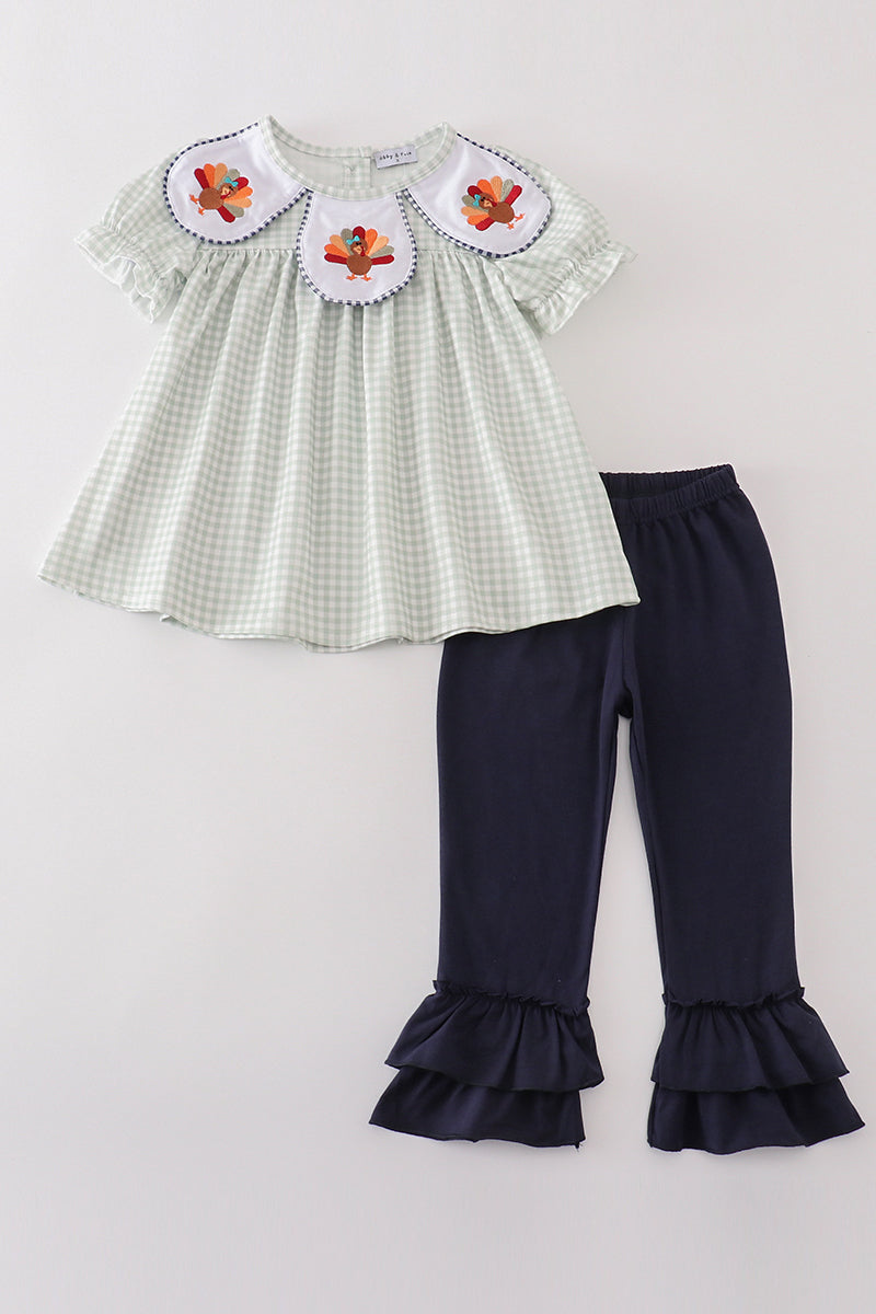 Sage Turkey Embroidery Gingham Girl Set