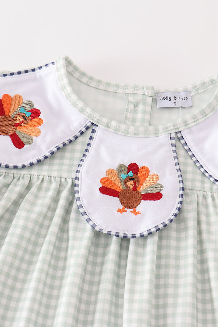 Sage Turkey Embroidery Gingham Girl Set